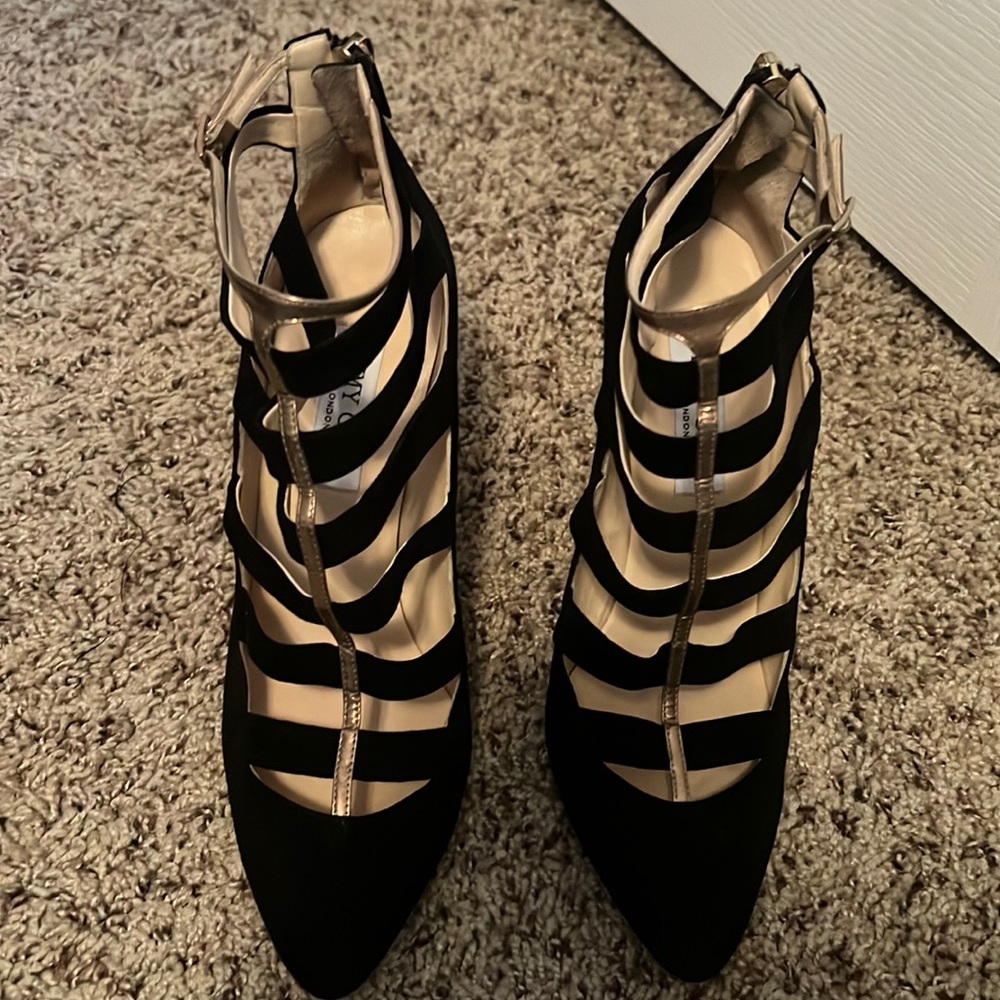 Jimmy Choo Stiletto Suede Black and Gold Strappy 4”Heels. Size 39 1/2